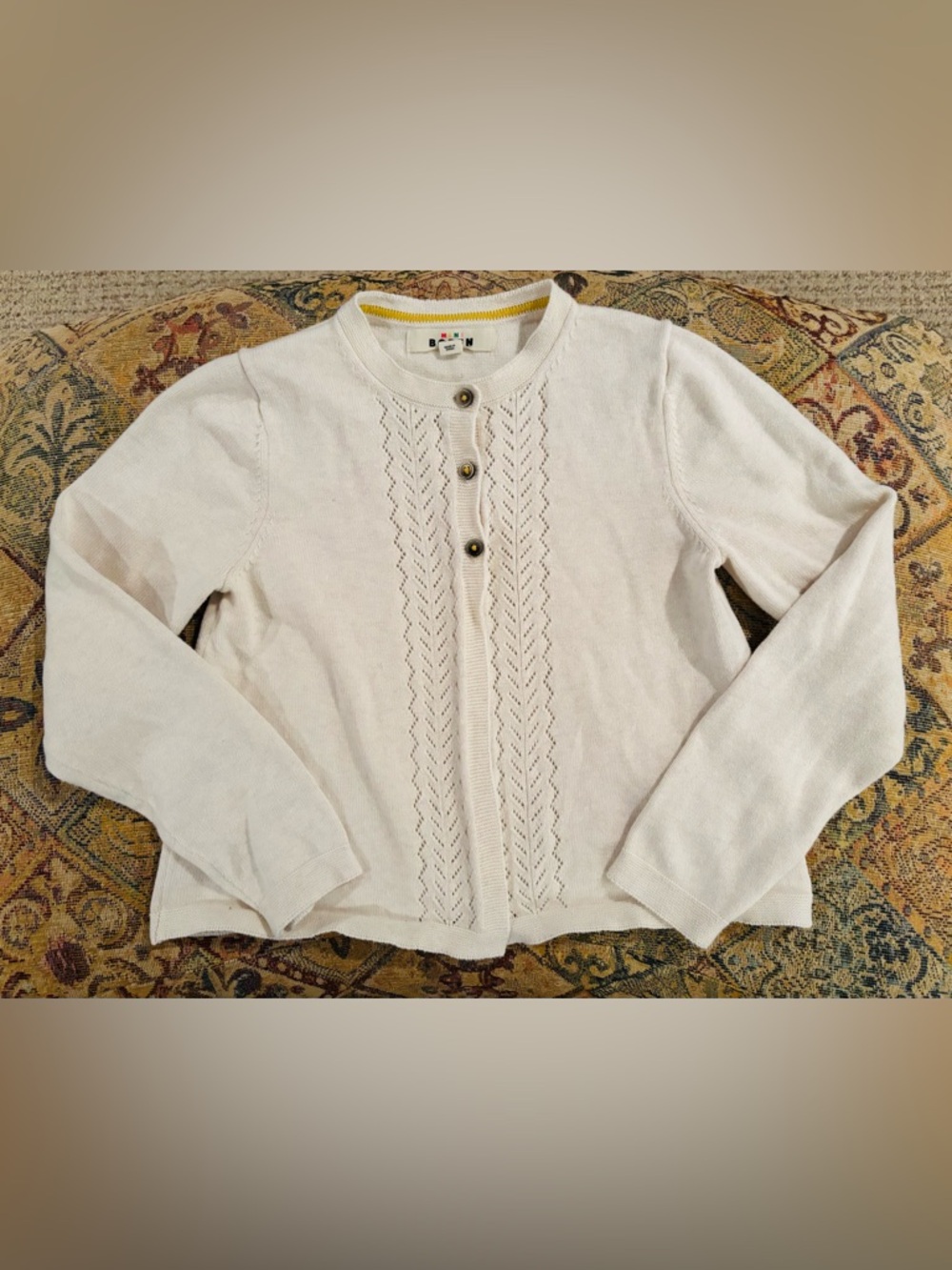 Mini Boden Cream Knit Cardigan with Chevron Eyelet Detail